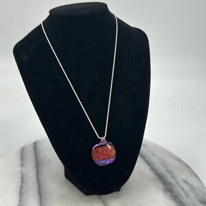 Art glass red and purple pendant sterling silver necklace